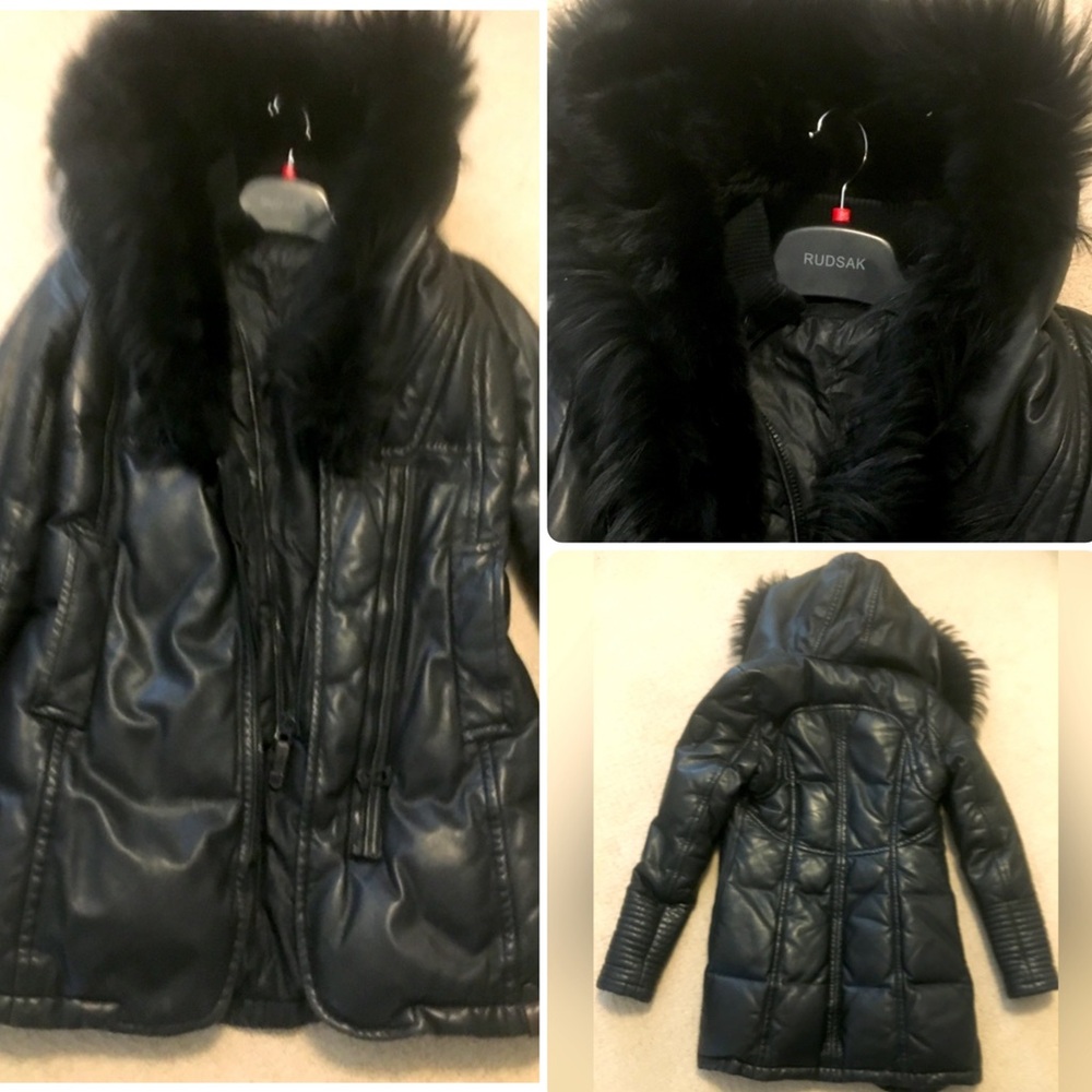 Rudsak Lamb Leather Goose Down Winter Coat with Rabbit Fur Hood